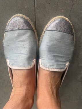 Slip-On Espadrilles with Silver Glitter Cap Toe -and Back Detail -  Light Blue
